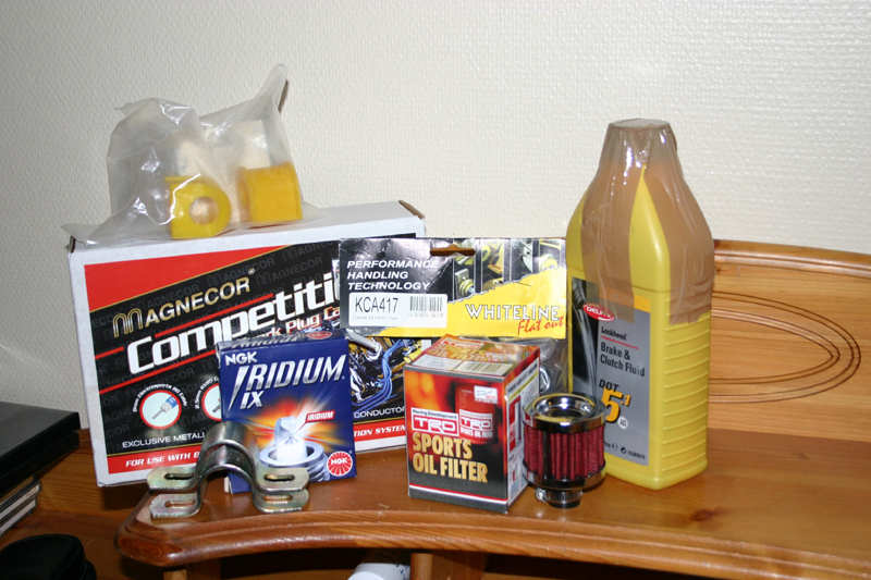 whiteline camberbolter
<br />trd oljefilter
<br />ngk iridium plugger
<br />magnecore plugg-ledninger
<br />dot 5.1 bremsevæske
<br />oljepuste filter
<br />div bushings