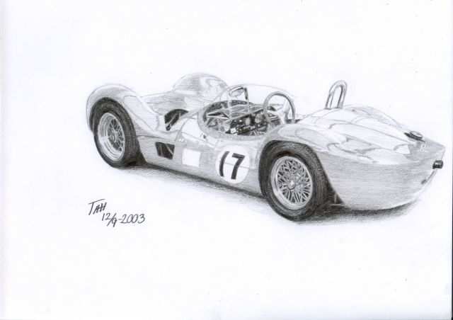 En av tegningene mine. Maserati Tipo (Birdcage).