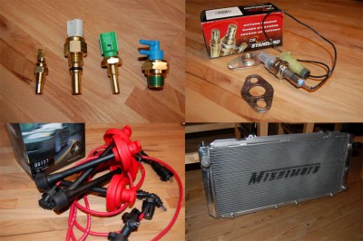 Litt flere sensorer... Kan eventuelt gjøre ren de gamle og ha i reserve / Oksygensensor / Nye Bosch tennpluggkabler - skulle vel være de samme som jeg hadde, men de gamle er jaggu dårlige i forhold! / Ny radiator som matcher viftene fra sist gang